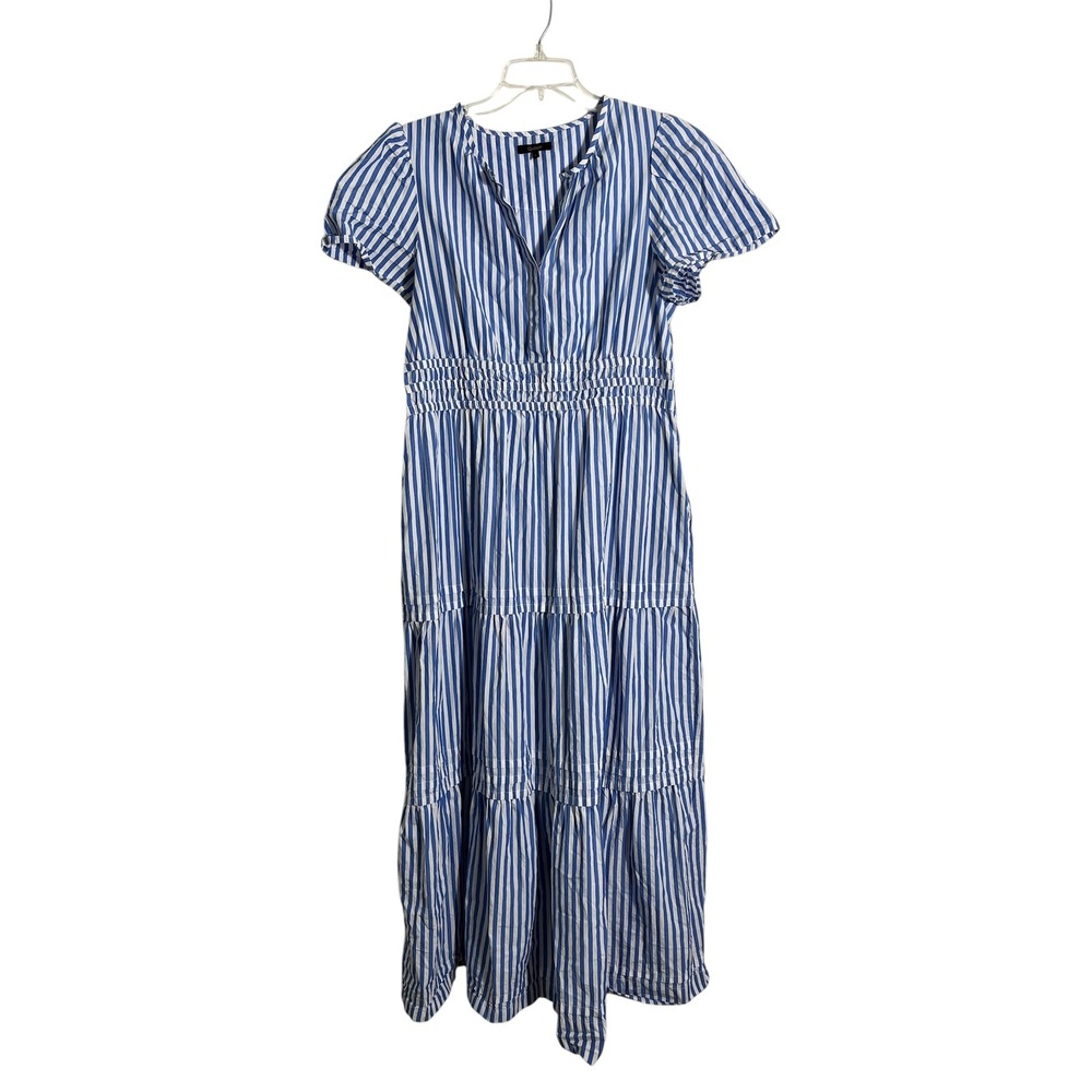 QUINCE 100% Organic Cotton Poplin Tiered Maxi Dress in Azure Stripe - Picture 2 of 10